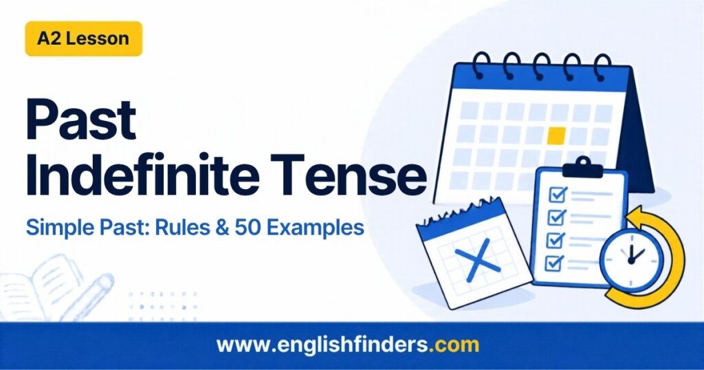 Past indefinite tense lesson: a desk calendar, a torn-off page with a cross, a ticked checklist and a clock with an arrow turning back