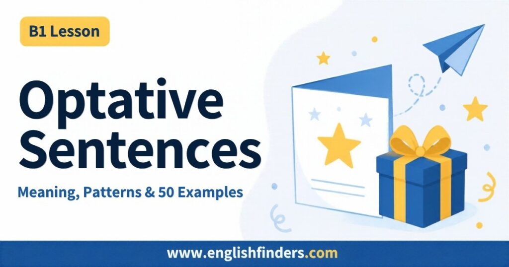 Optative sentences lesson: a greeting card with a star, a gift box with a yellow ribbon and a paper plane
