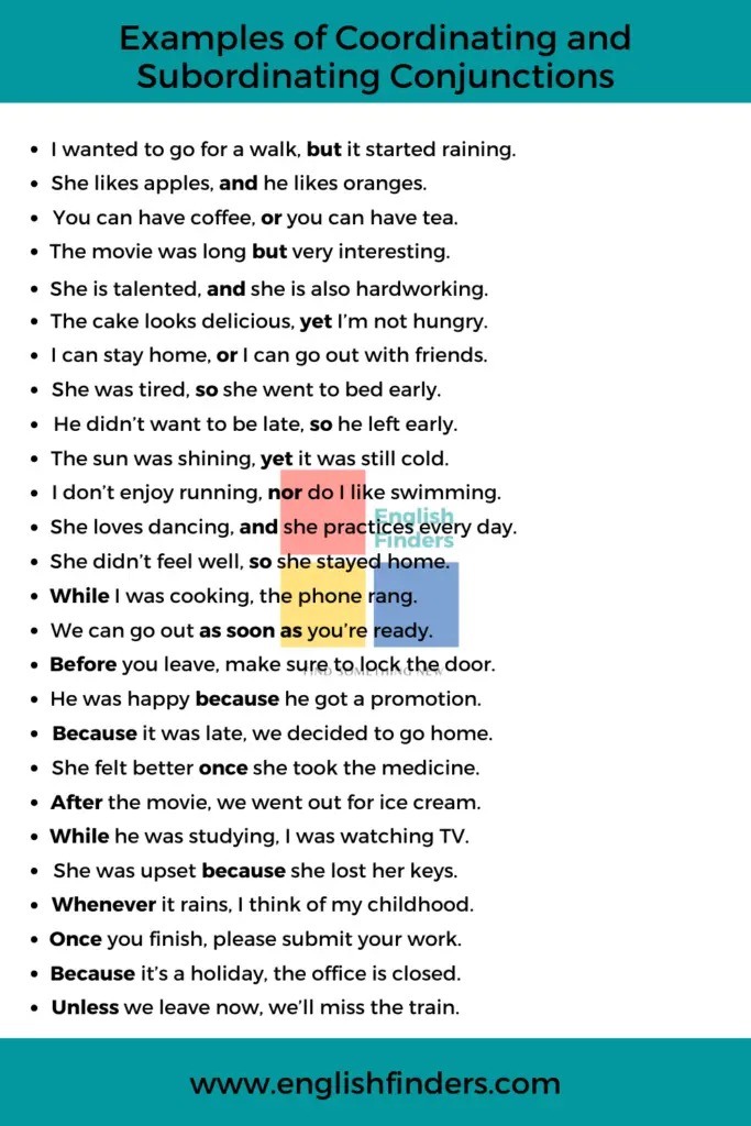 100 Examples of Coordinating and Subordinating Conjunctions