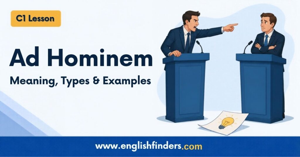 Ad hominem lesson: a debater points angrily at his opponent while a paper with an idea lies ignored on the floor