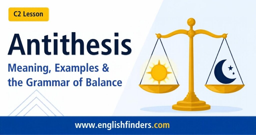 Antithesis lesson: a golden balance scale with a sun on one pan and a crescent moon on the other, showing opposite ideas held in balance
