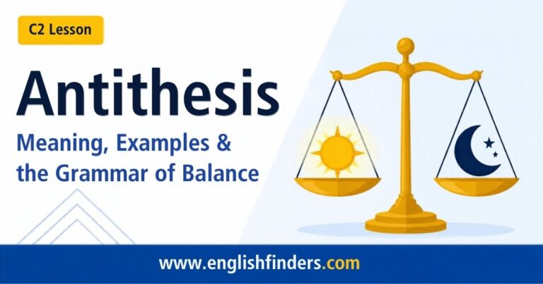 Antithesis lesson: a golden balance scale with a sun on one pan and a crescent moon on the other, showing opposite ideas held in balance