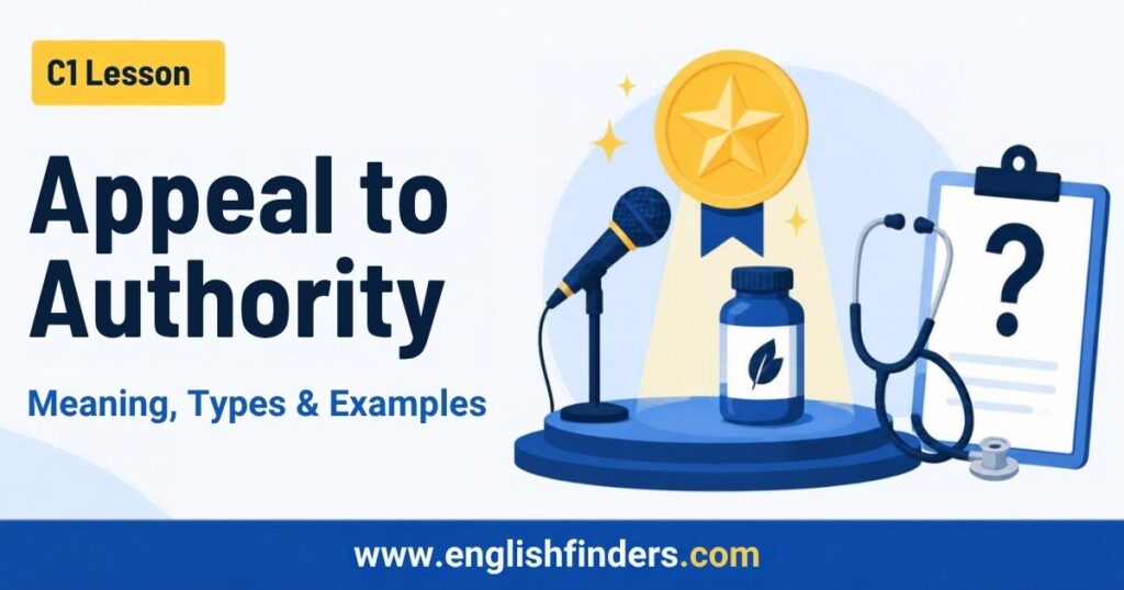 Appeal to Authority: Meaning, Types and Examples 2 Appeal to authority lesson: a gold star badge and microphone beside a product bottle, with a stethoscope and a clipboard showing a question mark