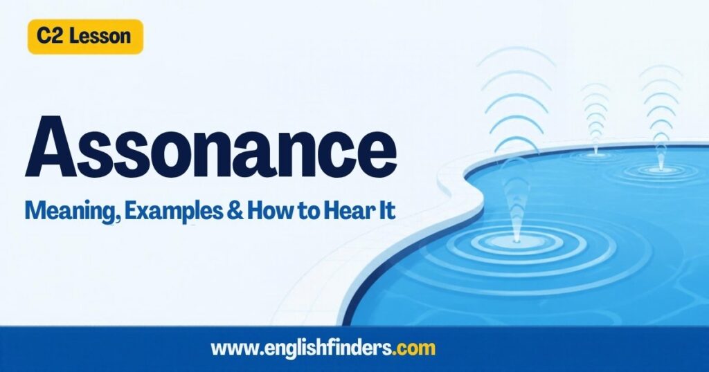 Assonance lesson: a blue swimming pool with round ripples and sound waves rising from the water, suggesting repeated vowel sounds