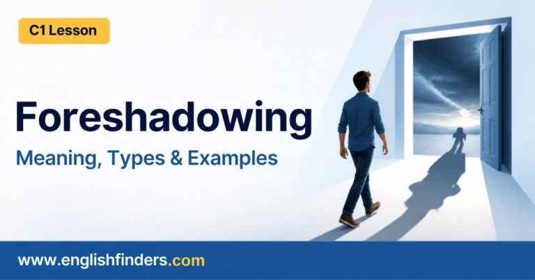 Foreshadowing lesson: a man walks toward an open door with storm clouds beyond, his shadow stretching ahead of him