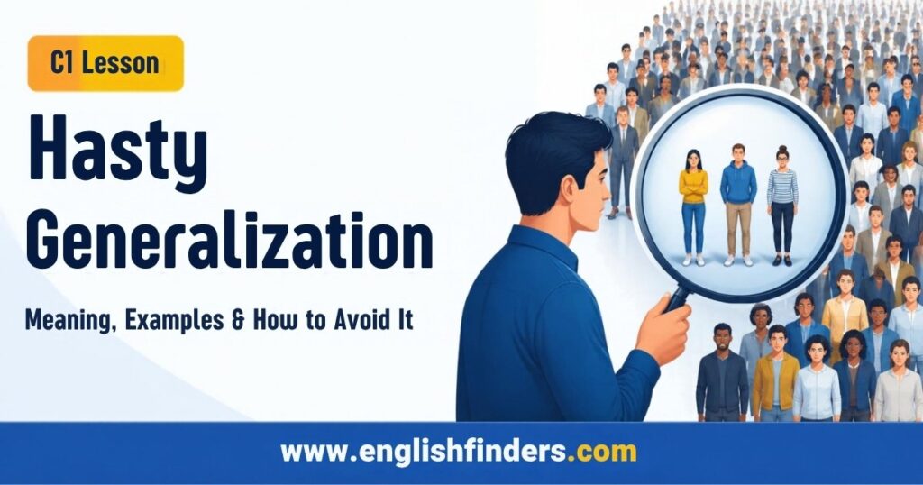 Hasty generalization lesson: a man looks at three people through a magnifying glass while a large crowd stands behind them