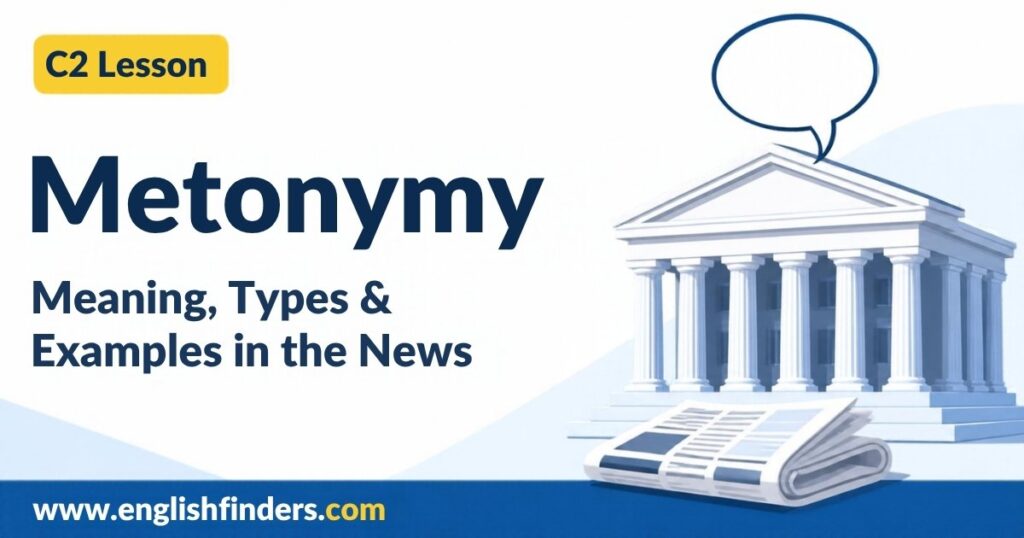 Metonymy lesson: a columned government building with a speech bubble above its roof, as if the building were speaking, and a folded newspaper in front