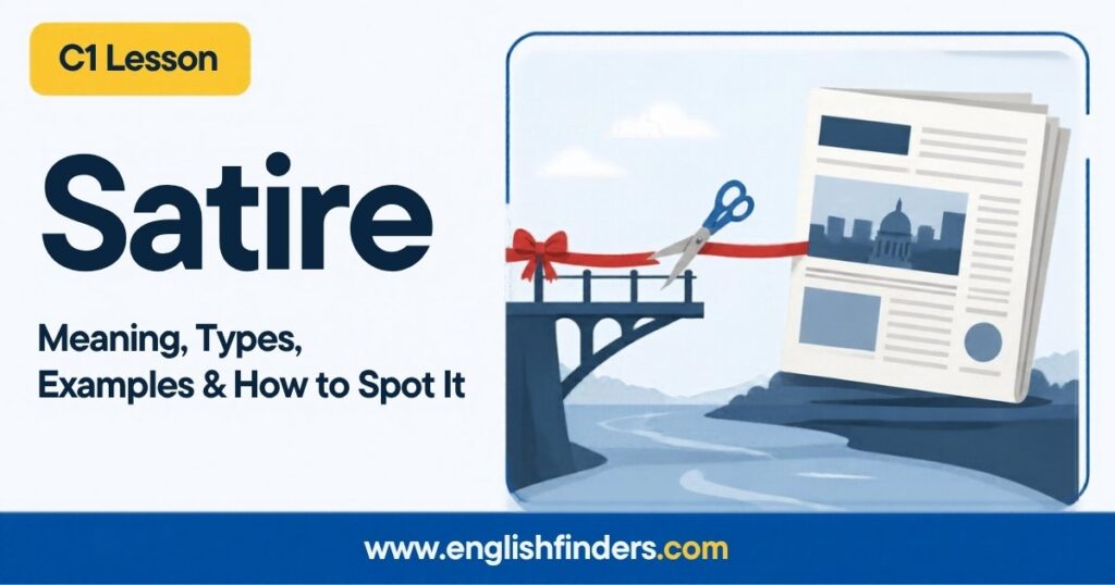 Satire: Meaning, Types, Examples and How to Spot It 2 Satire lesson: scissors cutting a red ribbon on a bridge that ends in mid-air over a river, next to a newspaper