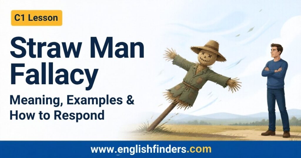 Straw man fallacy lesson: a scarecrow blown over by the wind while a real man stands calmly beside it