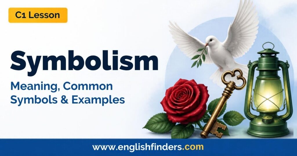 Symbolism: Meaning, Common Symbols and Examples in Literature 2 Symbolism lesson: a white dove, a red rose, an old key and a green lantern as common symbols