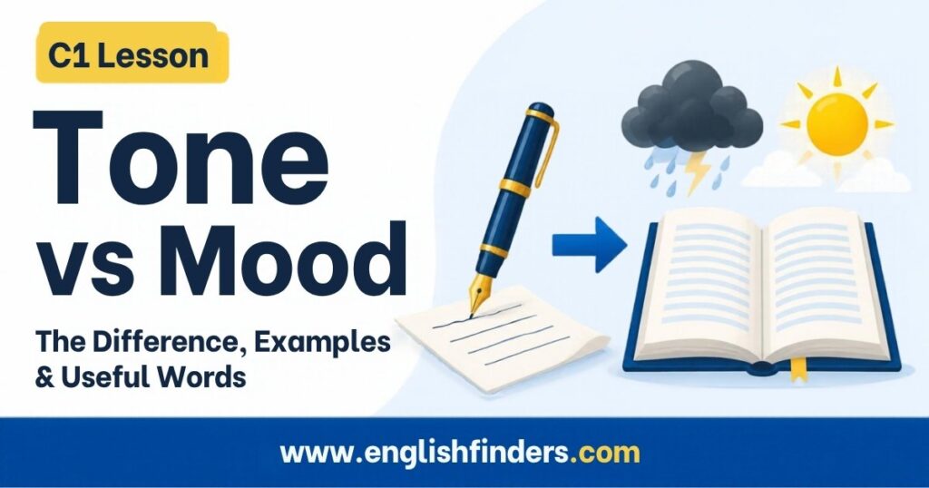 Tone vs mood lesson: a fountain pen writing on paper, an arrow, and an open book with a storm cloud and a sun above it