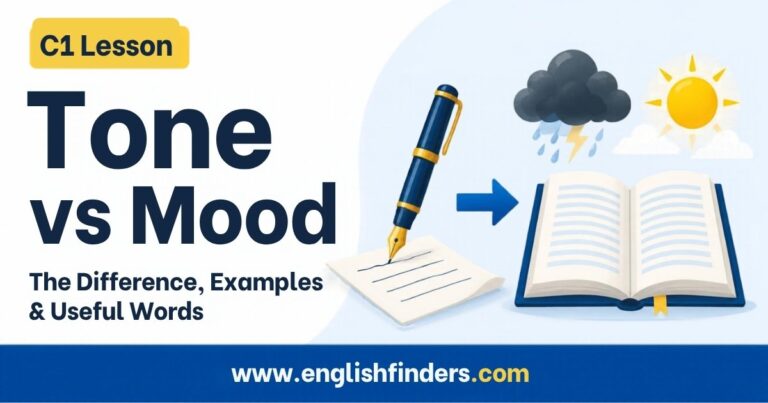 Tone vs mood lesson: a fountain pen writing on paper, an arrow, and an open book with a storm cloud and a sun above it